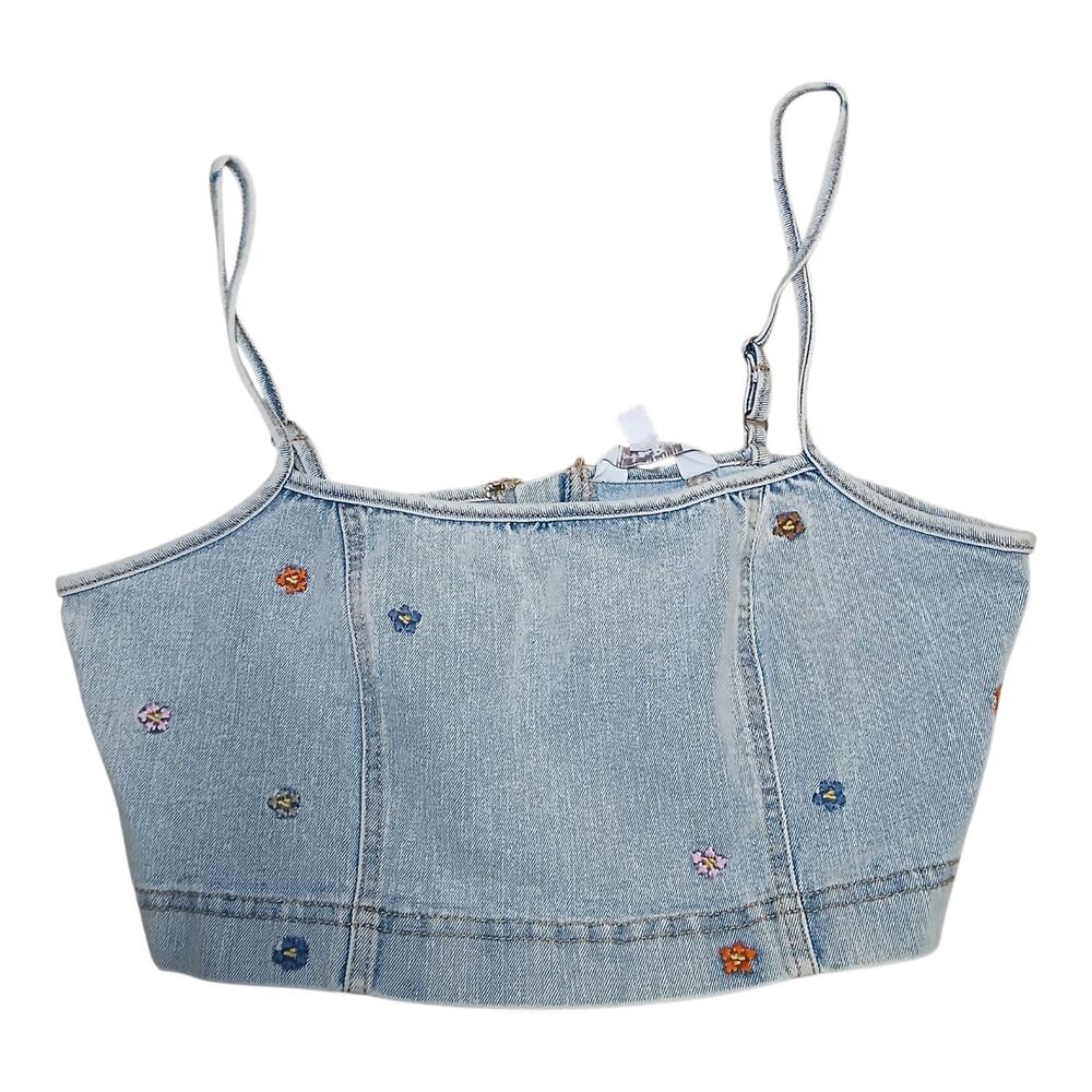 Indigo Rein Floral Embroidered Blue‎ Denim Crop Top M Corset Bustier Y2K Boho